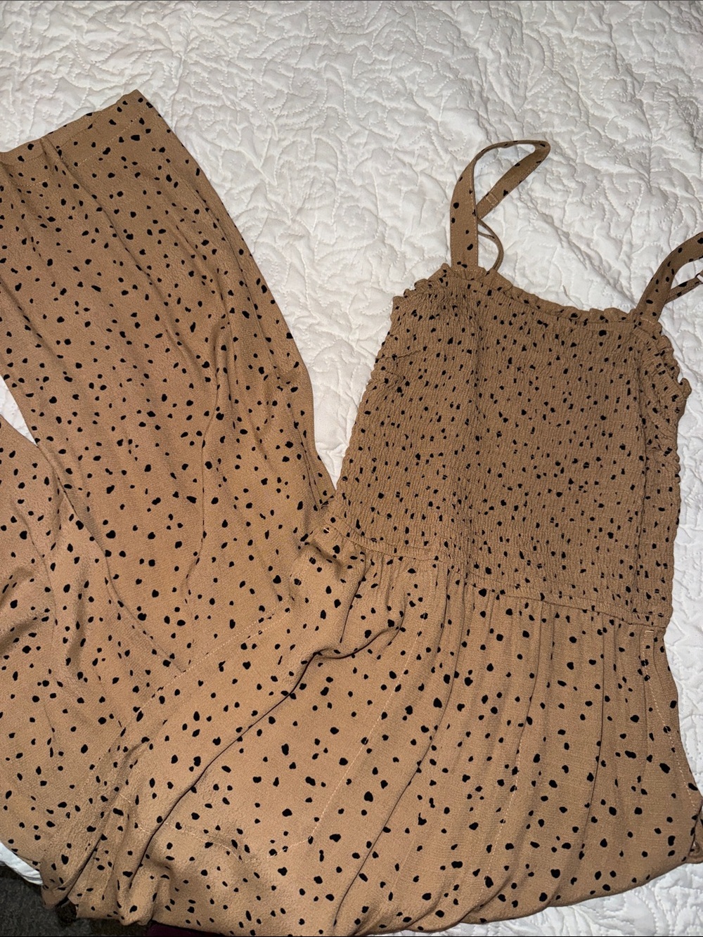 Abercrombie & Fitch Tan Polka Dot Smocked Cami Jumpsuit